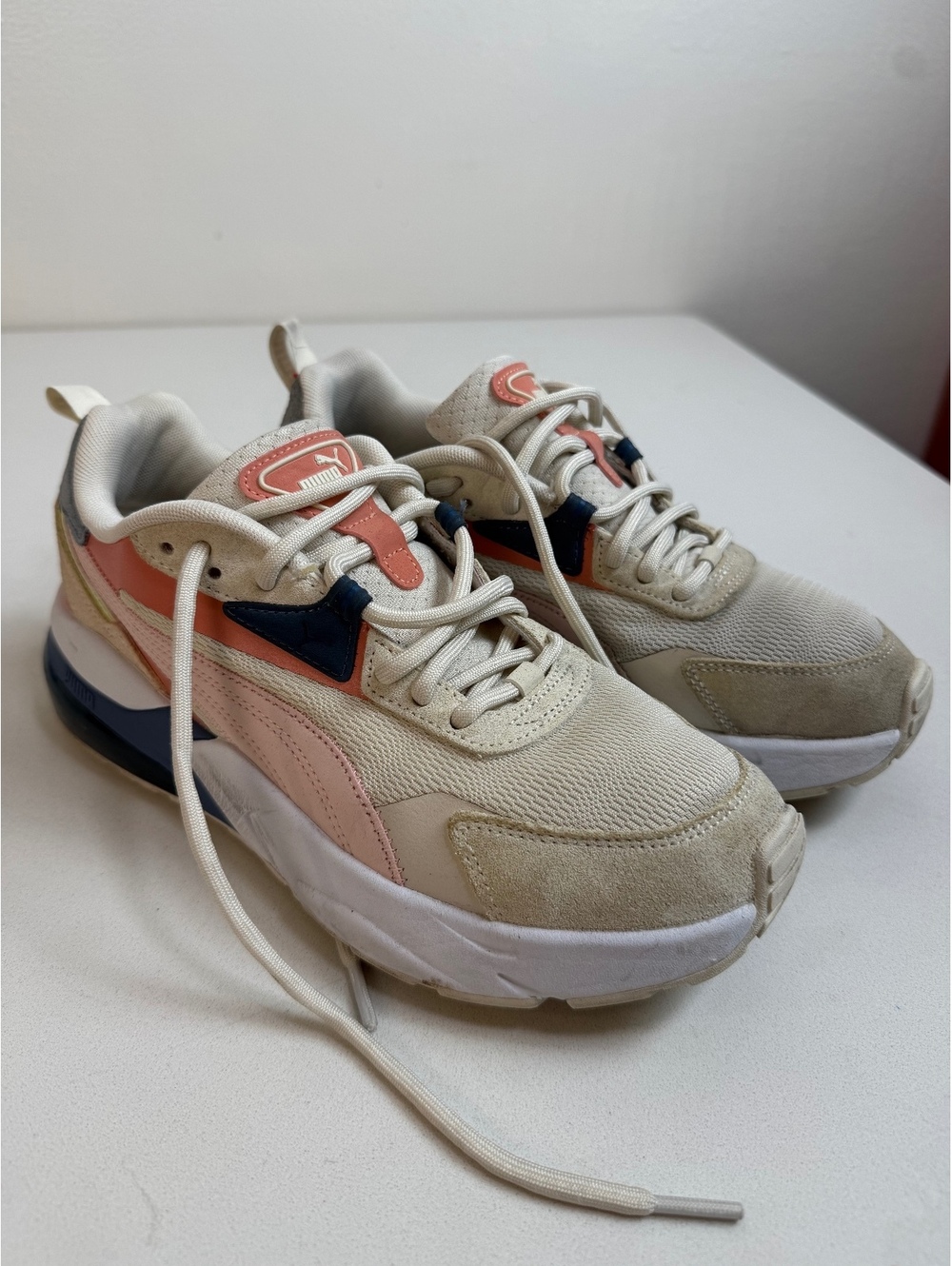 Puma Beige Cream Suede Mesh Sneakers Pink Navy Accents Size 9